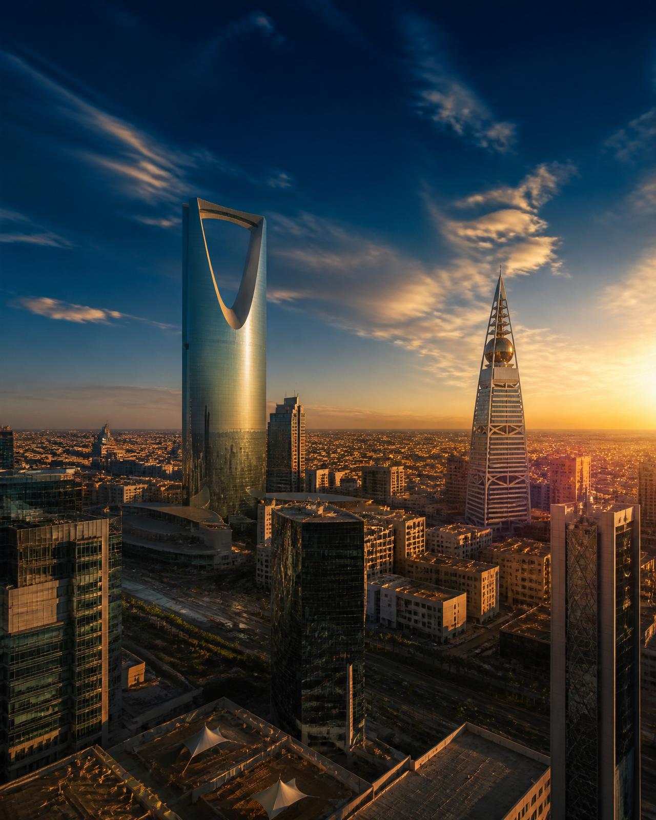 Riyadh skyline at golden hour — modern Saudi Arabian business district